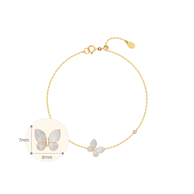 Mother-of-pearl gold vermeil butterfly bracelet in 925 sterling silver with butterfly charm dimension detail, approx. 8mm width