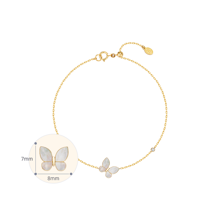 Mother-of-pearl gold vermeil butterfly bracelet in 925 sterling silver with butterfly charm dimension detail, approx. 8mm width