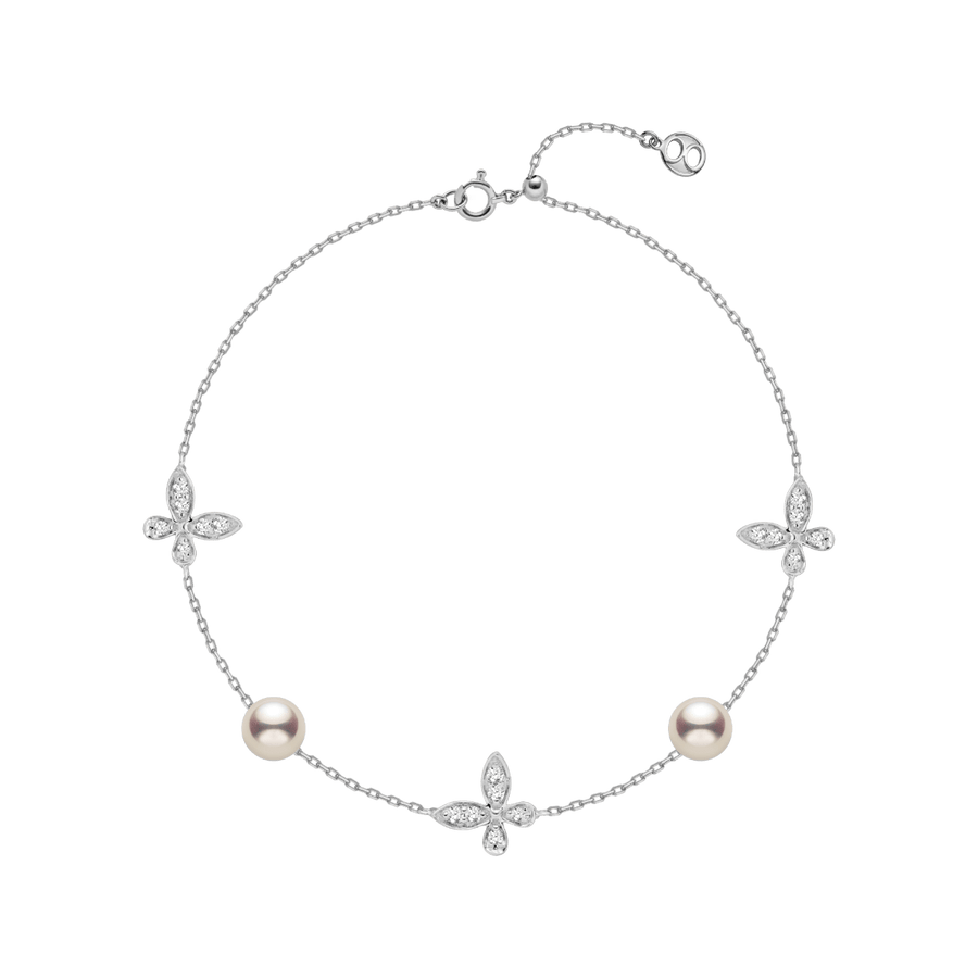 Freshwater pearl diamond butterfly wrap bracelet in rhodium-plated 925 sterling silver, product flat lay on transparent background