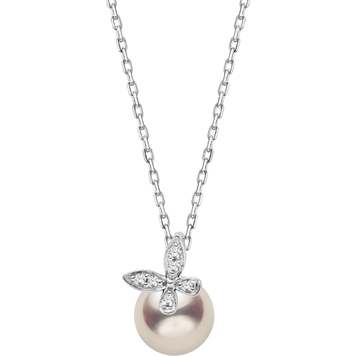 Akoya Pearl 18K Gold Diamond Petite Butterfly Pendant Necklace - HELAS Jewelry