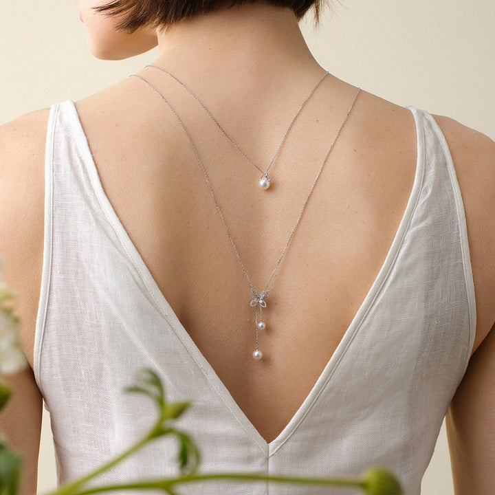 Akoya Pearl 18K Gold Diamond Petite Butterfly Pendant Necklace - HELAS Jewelry