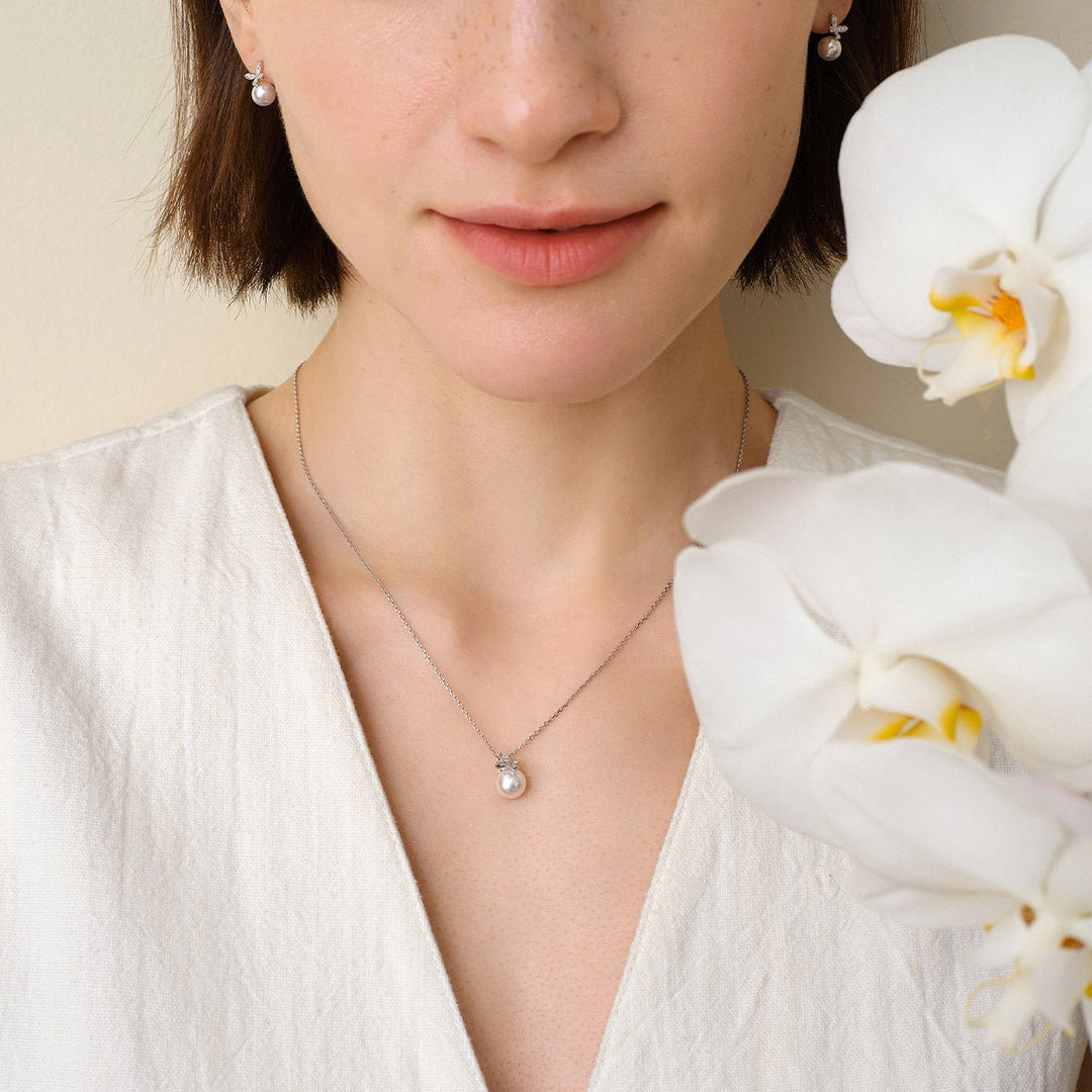 Akoya Pearl 18K Gold Diamond Petite Butterfly Pendant Necklace - HELAS Jewelry