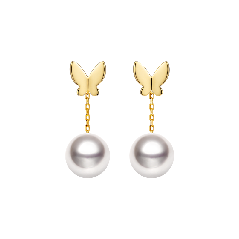 AAAAA freshwater pearl gold vermeil butterfly drop earrings in 925 sterling silver, product flat lay on transparent background