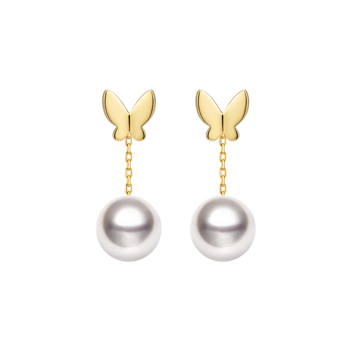 AAAAA freshwater pearl gold vermeil butterfly drop earrings in 925 sterling silver, product flat lay on transparent background
