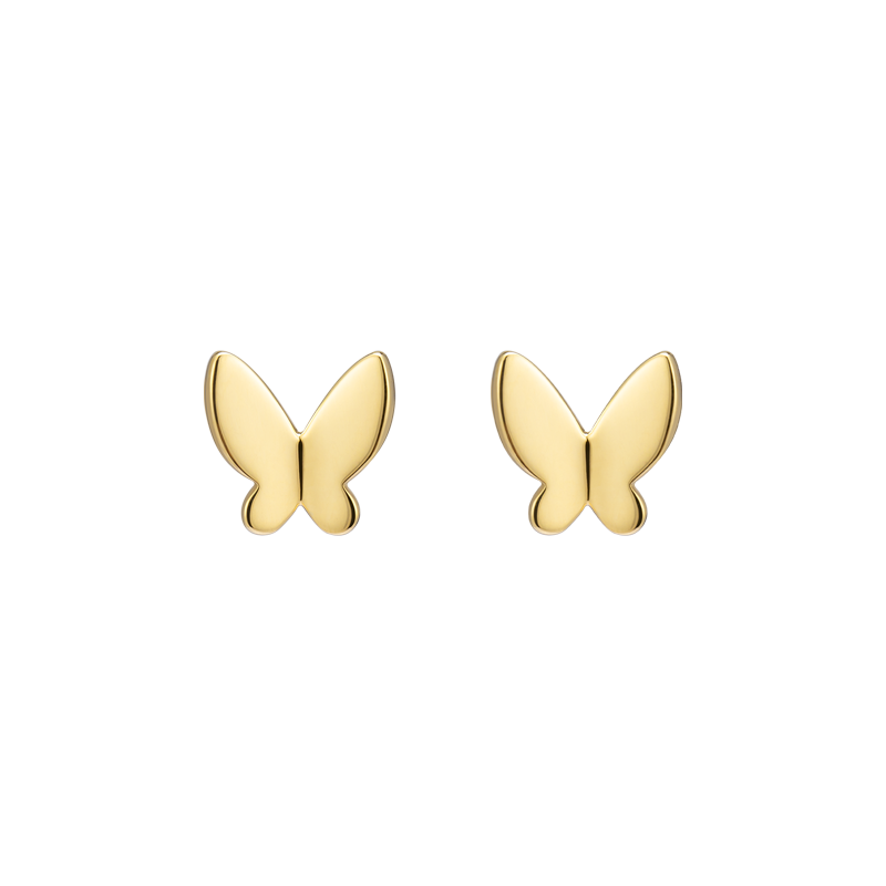 Gold vermeil butterfly stud earrings in 925 sterling silver, product flat lay on transparent background