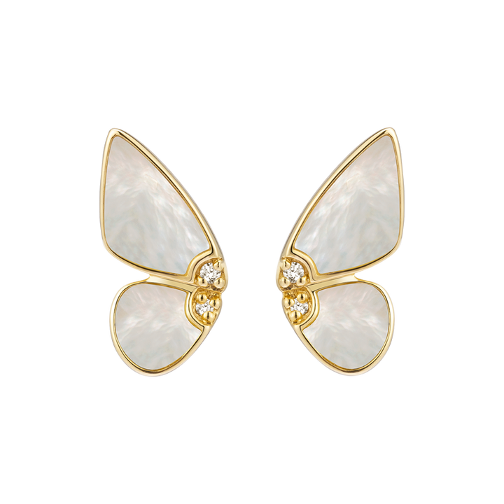 Mother-of-pearl gold vermeil butterfly stud earrings with lab-grown diamonds in 925 sterling silver, white background
