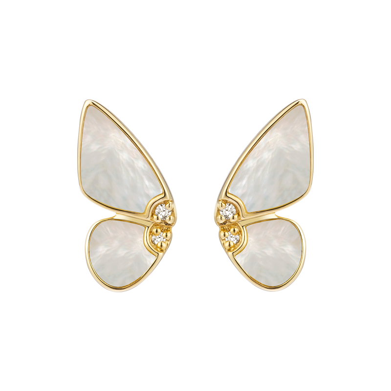 Mother-of-pearl gold vermeil butterfly stud earrings with lab-grown diamonds in 925 sterling silver, white background