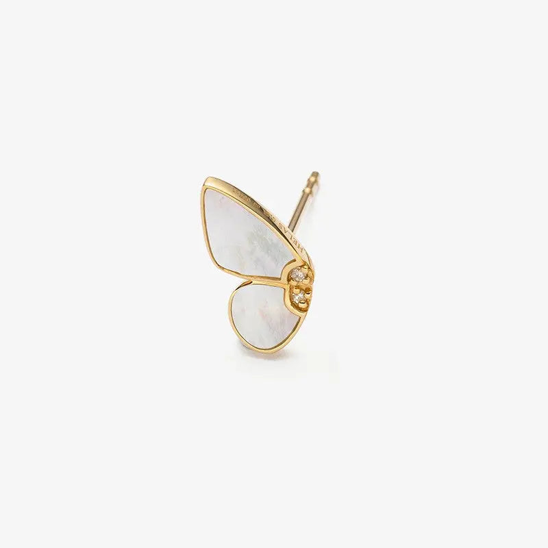 Side detail of mother-of-pearl gold vermeil butterfly stud earring showing lab-grown diamond accent