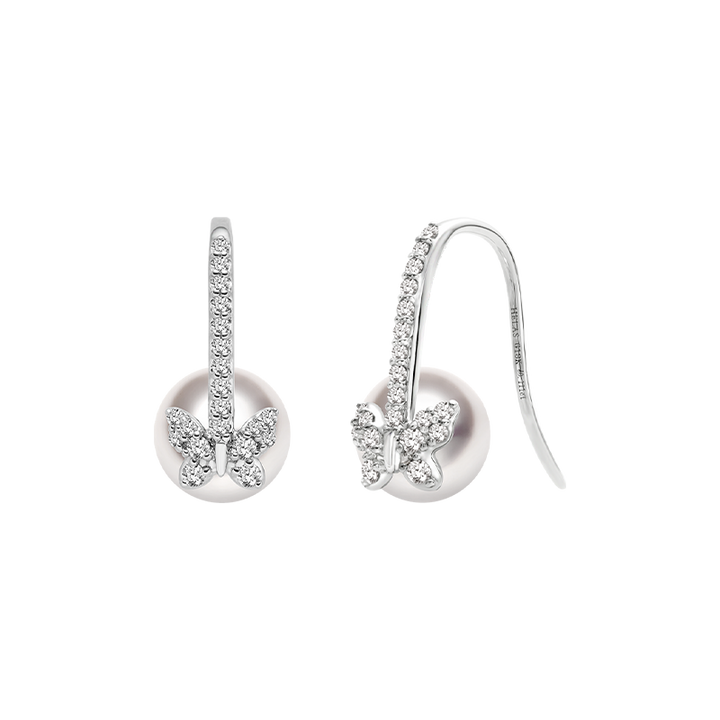 Akoya Pearl 18K Gold Diamond Butterfly Diamond ear Hooks Earrings