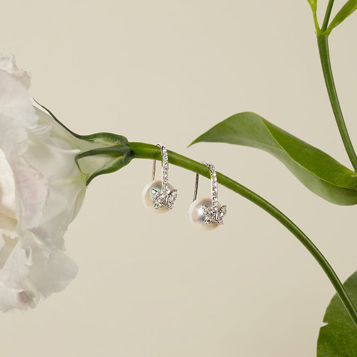 Akoya Pearl 18K Gold Diamond Butterfly Diamond ear Hooks Earrings