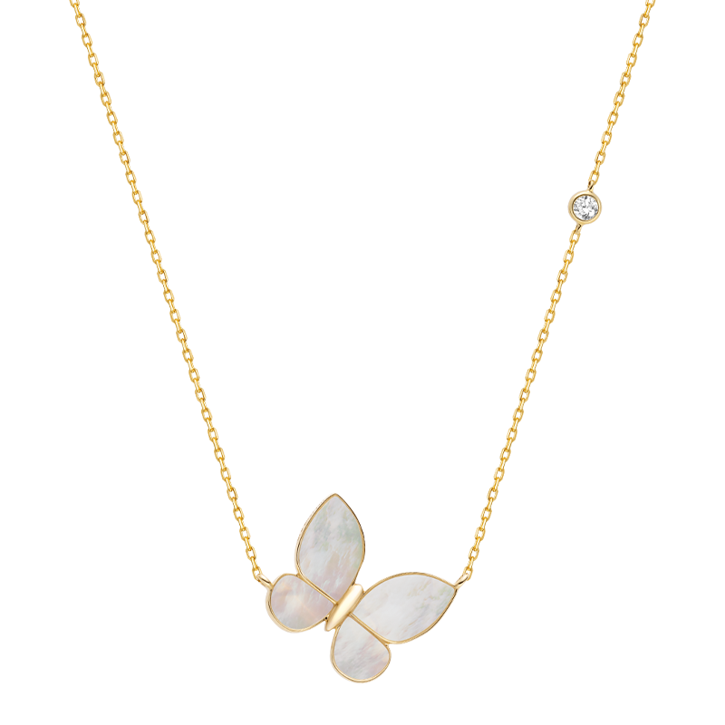 Gold vermeil sterling silver mother-of-pearl butterfly necklace with lab-grown diamond, flat lay
