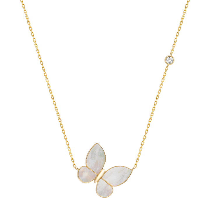 Gold vermeil sterling silver mother-of-pearl butterfly necklace with lab-grown diamond, flat lay