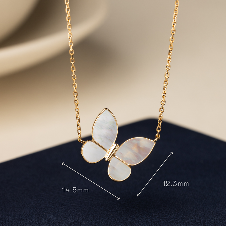 Mother-of-pearl butterfly pendant on gold vermeil sterling silver necklace, size detail 14.5mm by 12.3mm