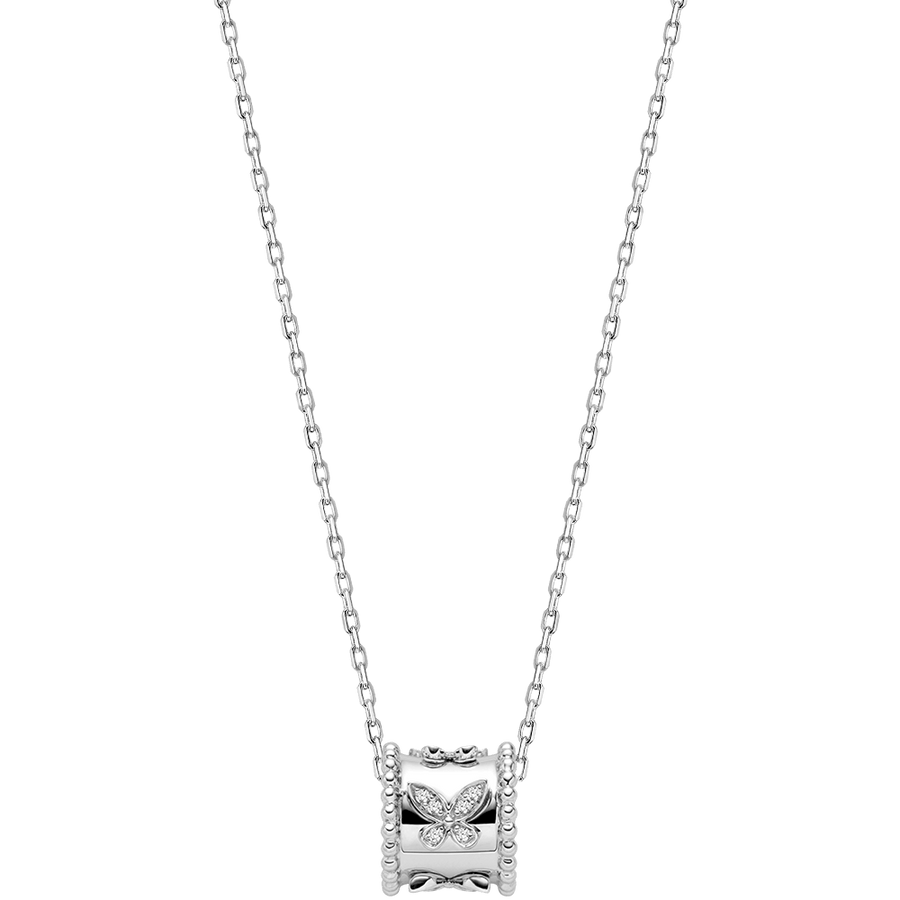 Lab-grown diamond kaleidoscope butterfly pendant necklace in rhodium-plated 925 sterling silver, white background