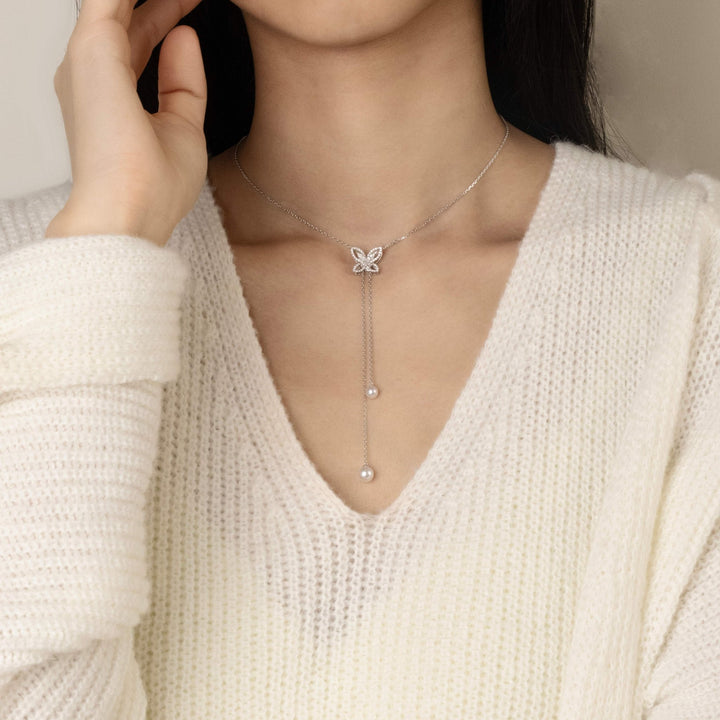 Akoya Pearls 18K Gold Diamond Butterfly Sliding Necklace - HELAS Jewelry