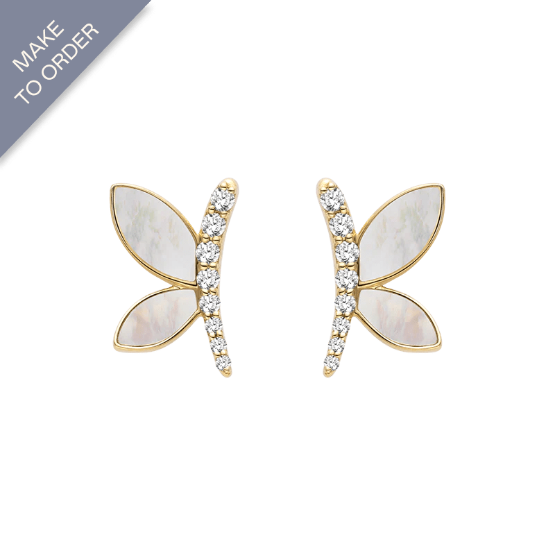 Mother - of - pearl 18K Gold Diamond Dragonfly Ear Studs Earrings - HELAS Jewelry