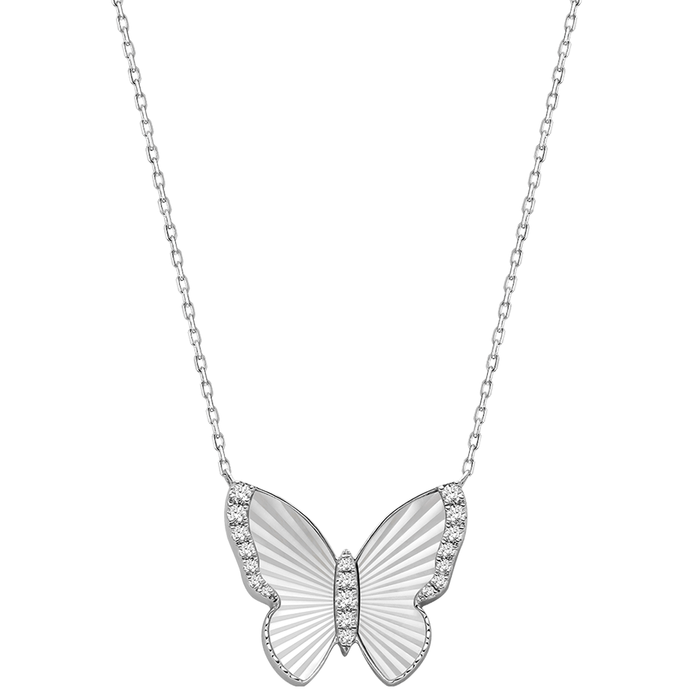 Mother of Pearl 18K Gold Diamond Radiant Cut Design Butterfly Necklace - HELAS Jewelry