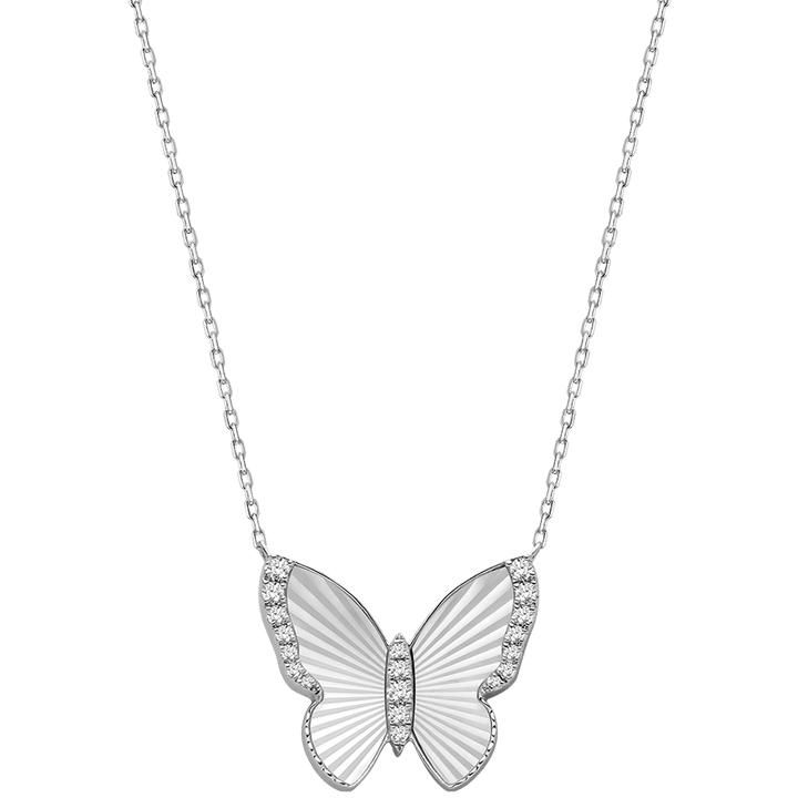 Mother of Pearl 18K Gold Diamond Radiant Cut Design Butterfly Necklace - HELAS Jewelry
