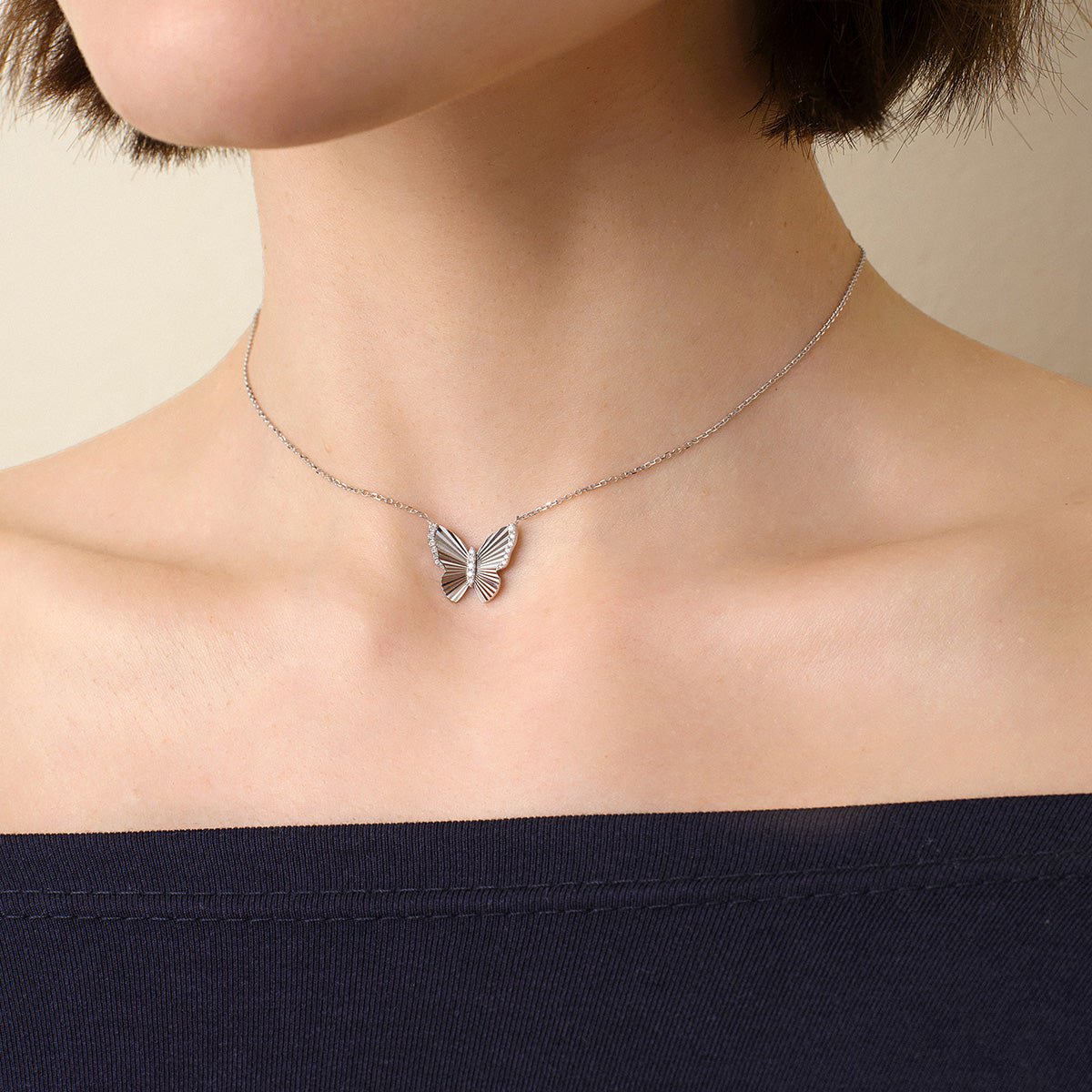 Mother of Pearl 18K Gold Diamond Radiant Cut Design Butterfly Necklace - HELAS Jewelry