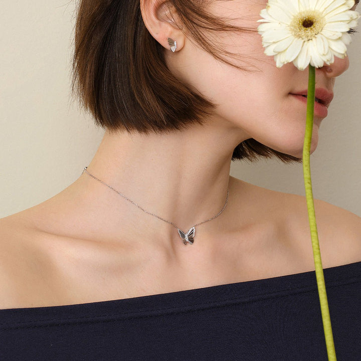 Mother of Pearl 18K Gold Diamond Radiant Cut Design Butterfly Necklace - HELAS Jewelry