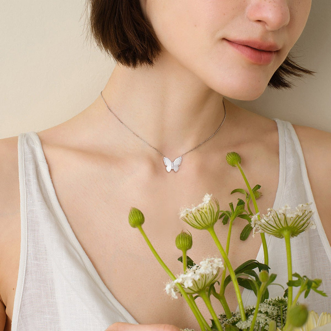 Mother of Pearl 18K Gold Diamond Radiant Cut Design Butterfly Necklace - HELAS Jewelry