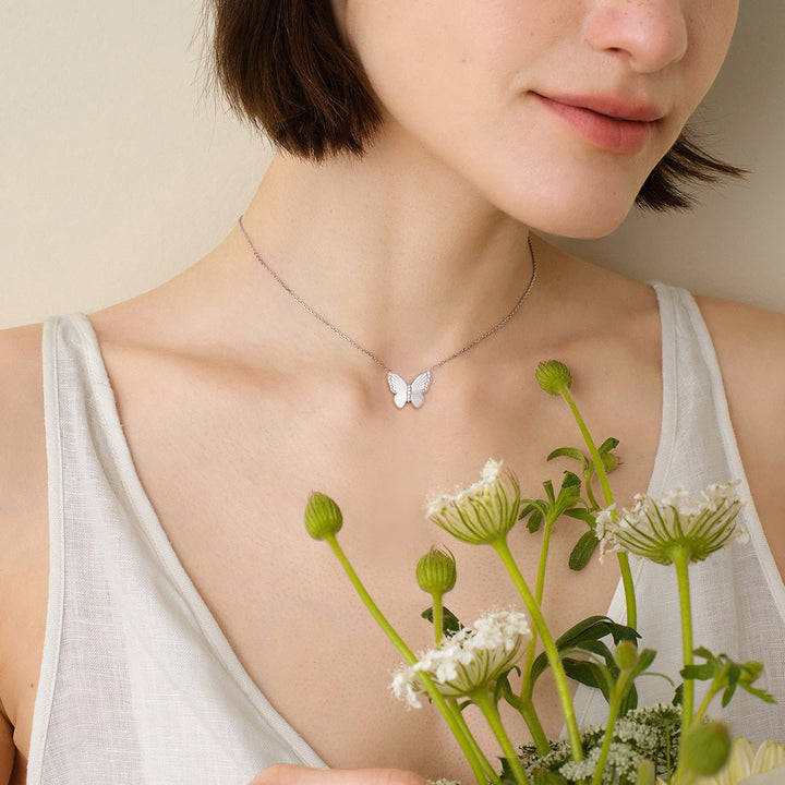 Mother of Pearl 18K Gold Diamond Radiant Cut Design Butterfly Necklace - HELAS Jewelry