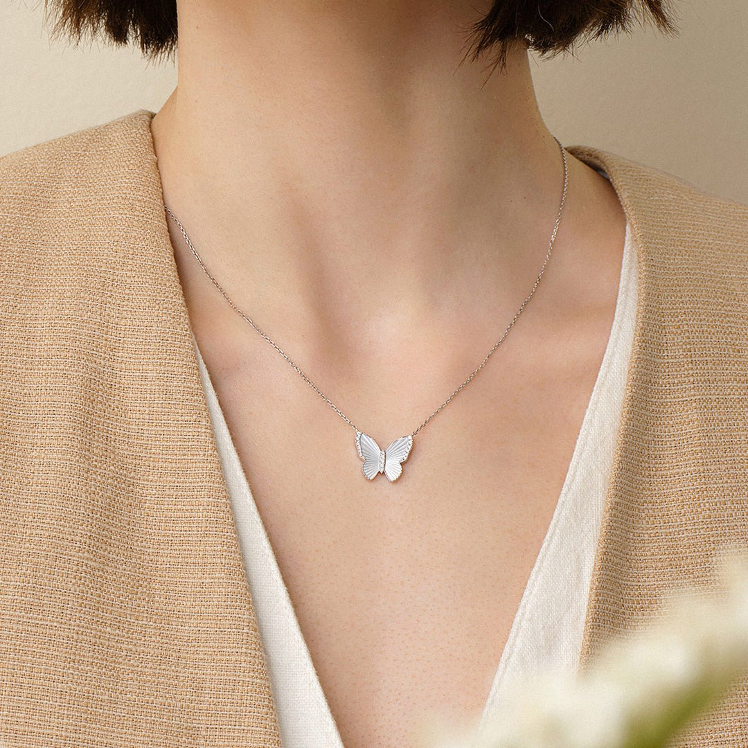 Mother of Pearl 18K Gold Diamond Radiant Cut Design Butterfly Necklace - HELAS Jewelry