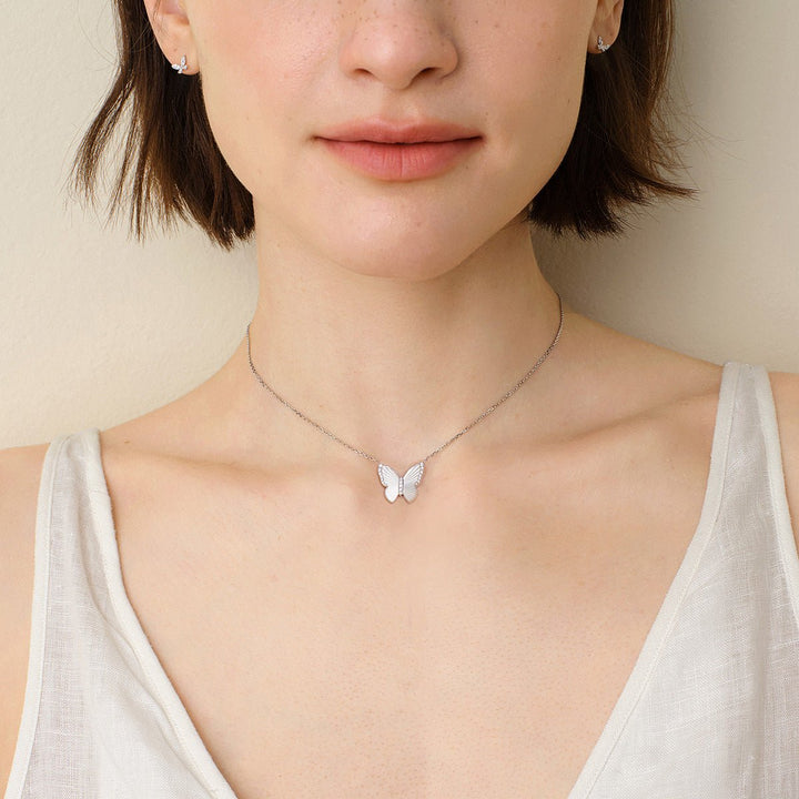 Mother of Pearl 18K Gold Diamond Radiant Cut Design Butterfly Necklace - HELAS Jewelry