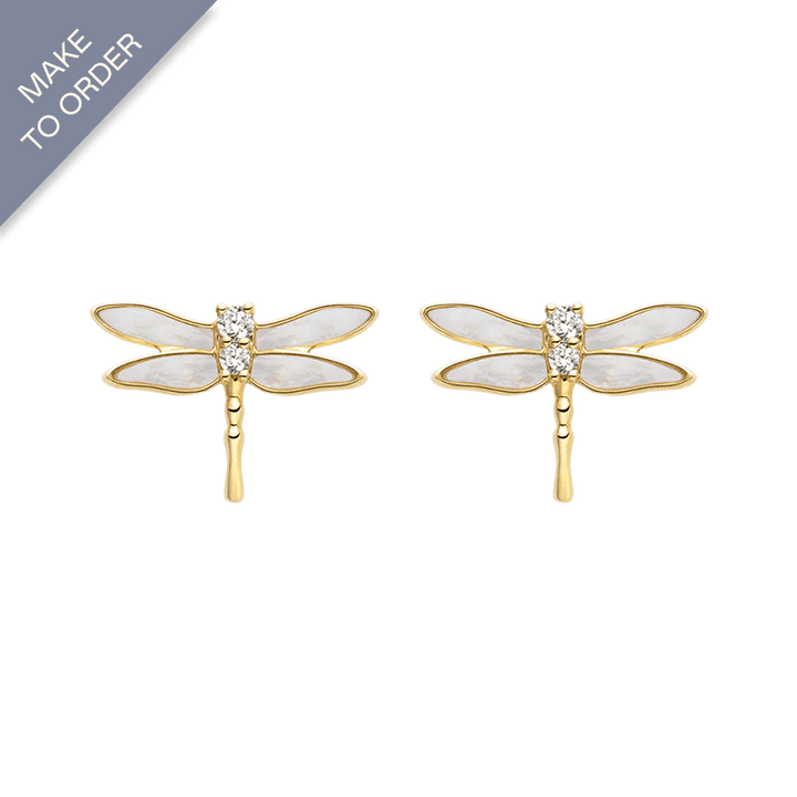 Mother - of - pearl 18K Gold Diamond Whole Dragonfly Ear Studs Earrings - HELAS Jewelry