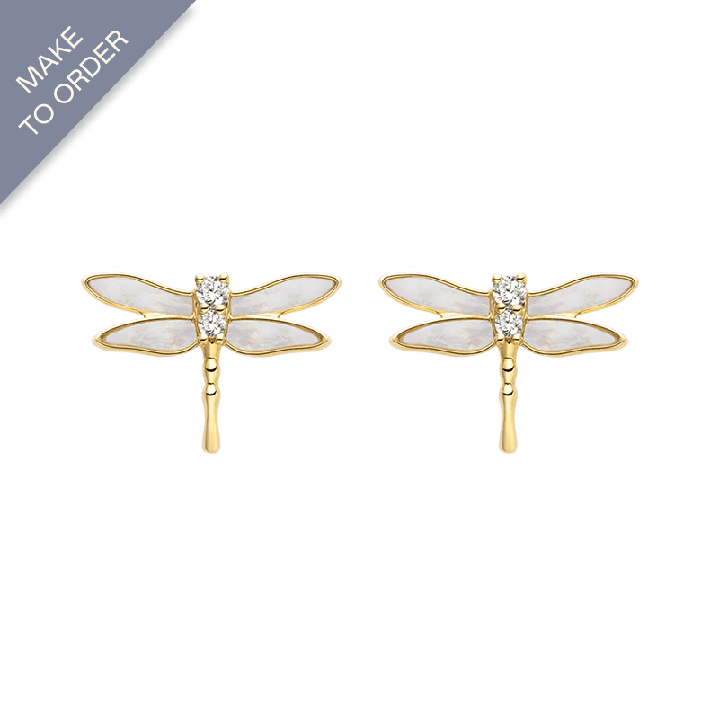 Mother - of - pearl 18K Gold Diamond Whole Dragonfly Ear Studs Earrings - HELAS Jewelry
