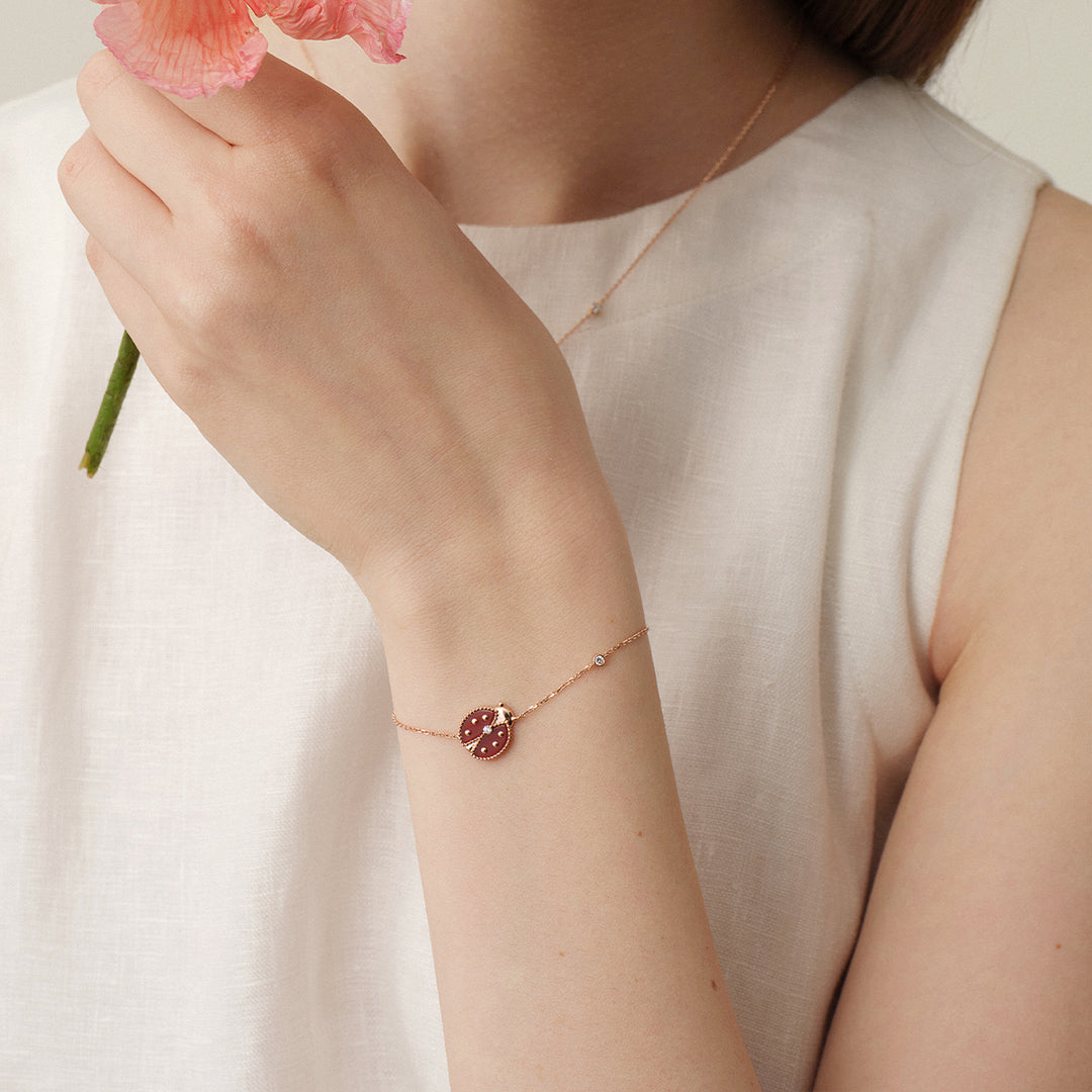Red Agate 10K 14K Rose Gold Lab-Grown Diamond Insect Bracelet