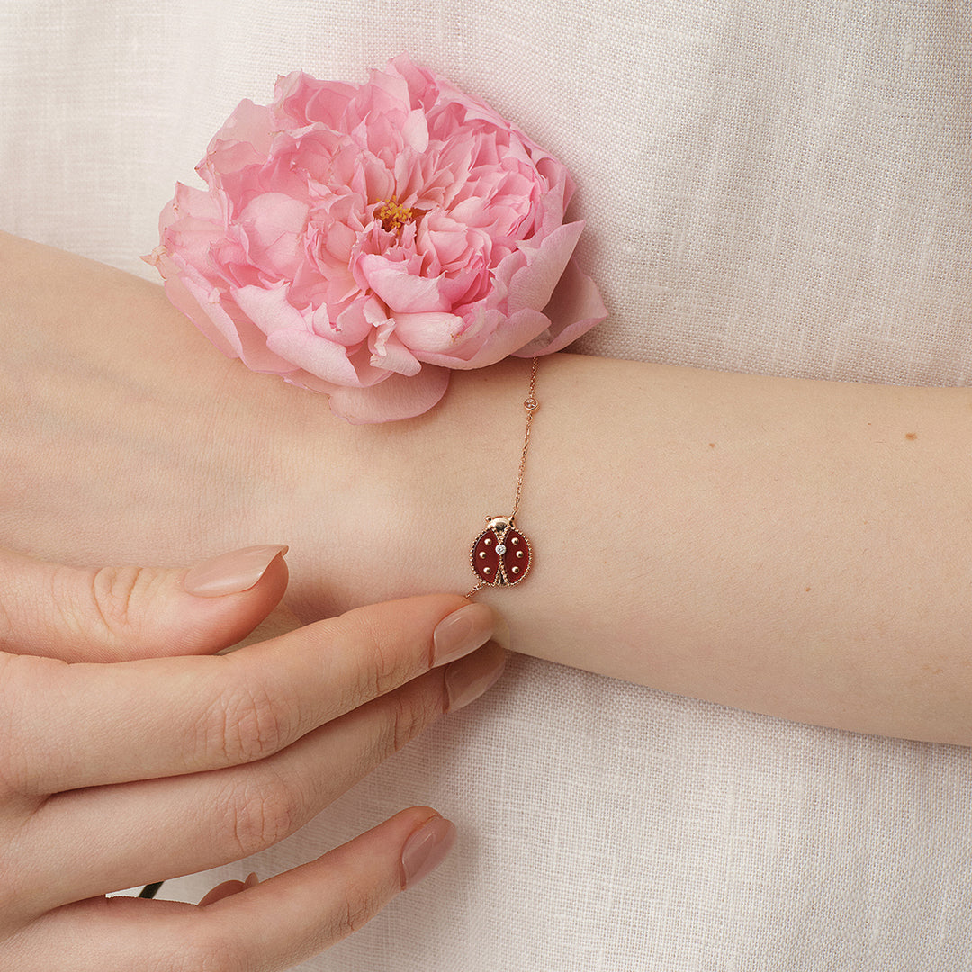 Red Agate 10K 14K Rose Gold Lab-Grown Diamond Insect Bracelet