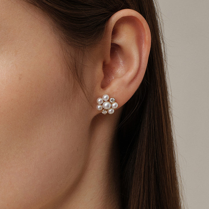 Freshwater Pearl 10K Gold Lab-Grown Diamond Dandelion Stud Earrings