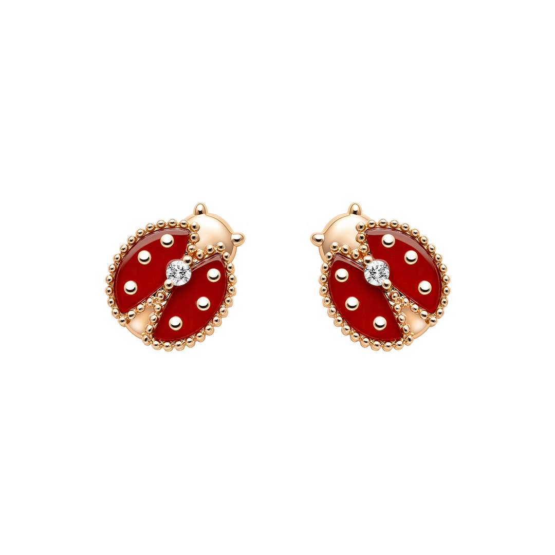 Red Agate 10K 14K Rose Gold Lab-Grown Diamond Insect Stud Earrings
