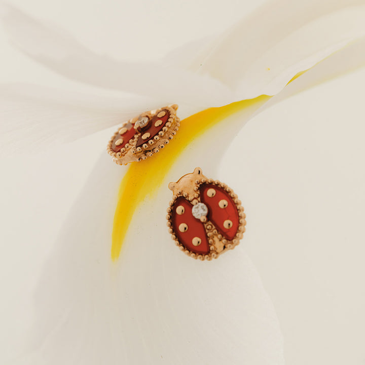 Red Agate 10K 14K Rose Gold Lab-Grown Diamond Insect Stud Earrings