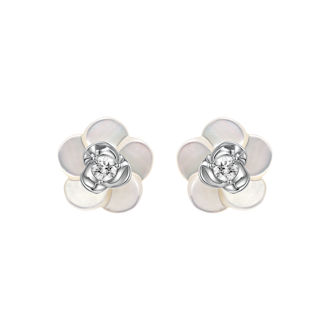 Mother-of-pearl 10K 14K White Gold Lab-Grown Diamond Gardenia Stud Earrings