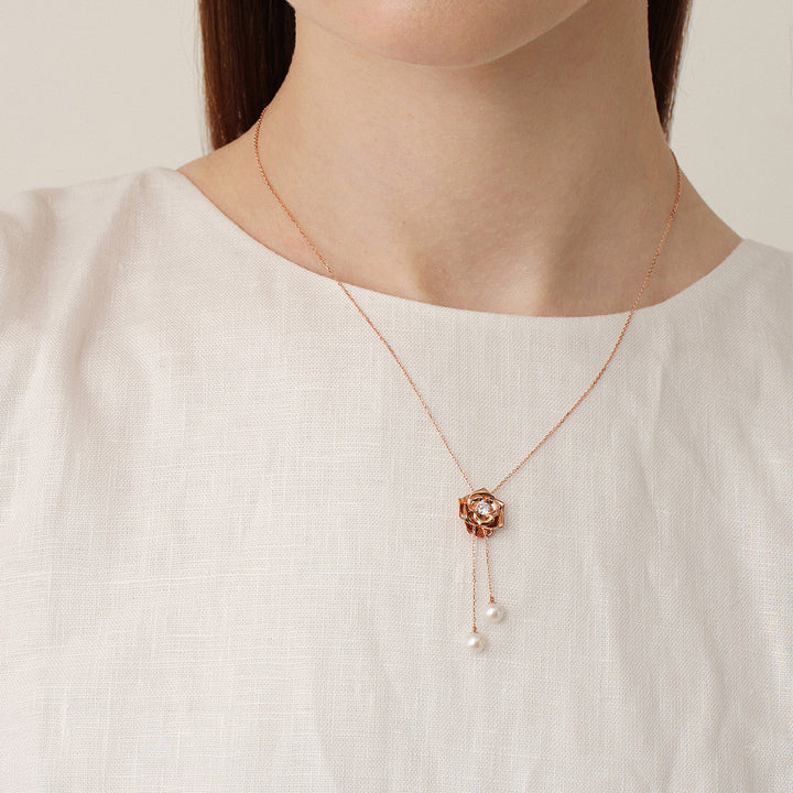 Freshwater Pearl 10K Rose Gold Lab-Grown Diamond Dewdrop Rose Necklace