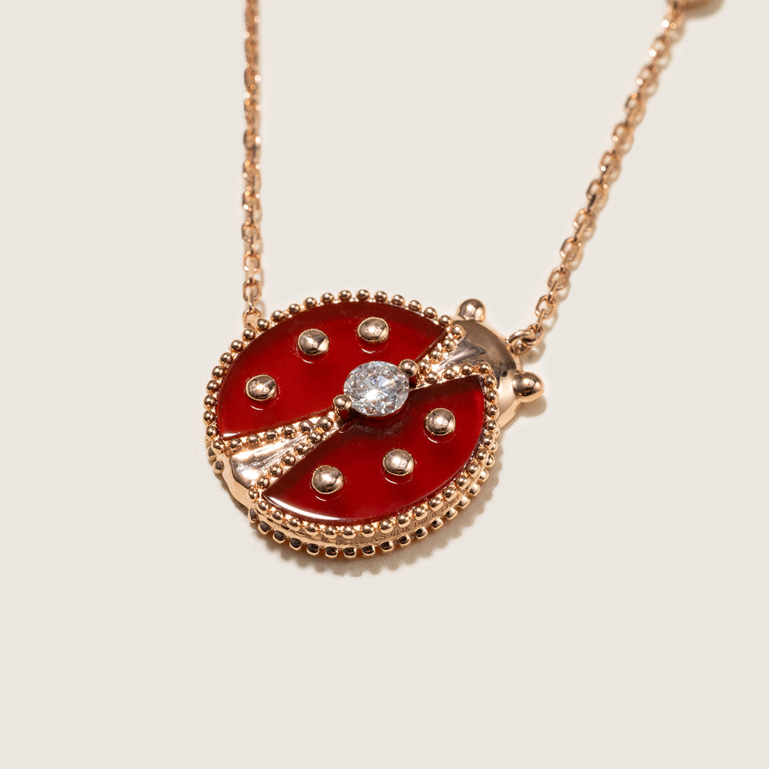 Red Agate 10K 14K Rose Gold Lab-Grown Diamond Insect Necklace