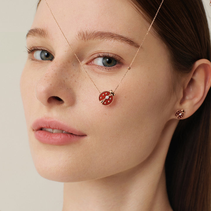 Red Agate 10K 14K Rose Gold Lab-Grown Diamond Insect Necklace