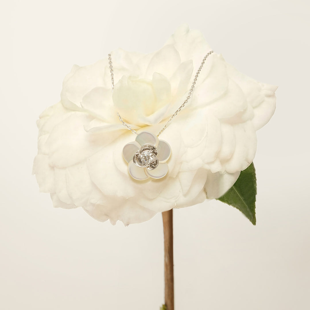 Mother-of-pearl 10K 14K White Gold Lab-Grown Diamond Gardenia Pendant Necklace
