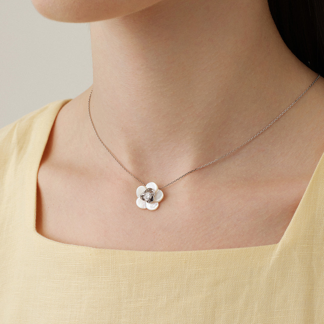 Mother-of-pearl 10K 14K White Gold Lab-Grown Diamond Gardenia Pendant Necklace