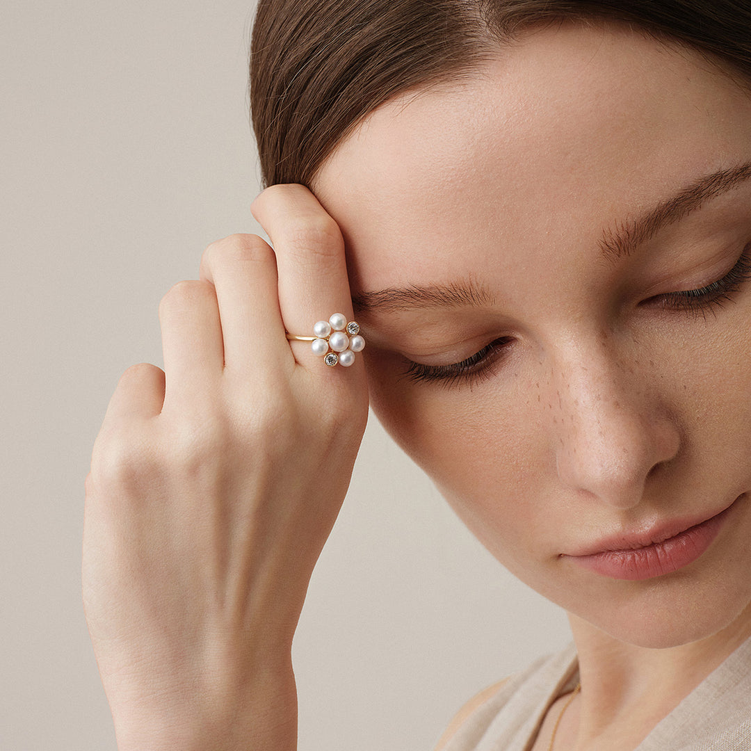 Freshwater Pearl 10K Gold Lab-Grown Diamond Dandelion Ring