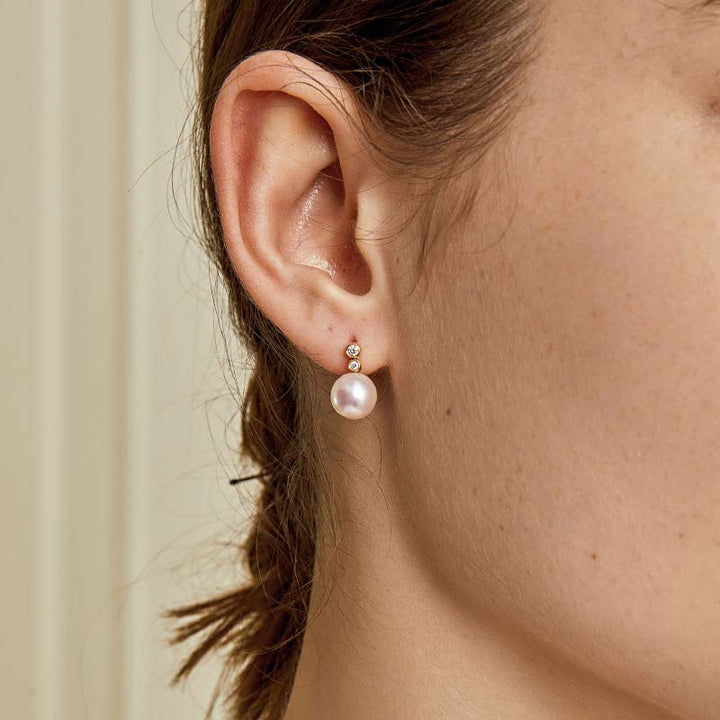 Akoya Pearl 18K Gold Double Diamond Elegant Earrings