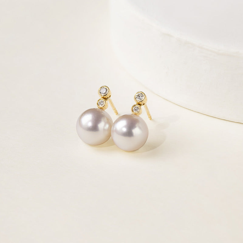 Akoya Pearl 18K Gold Double Diamond Elegant Earrings