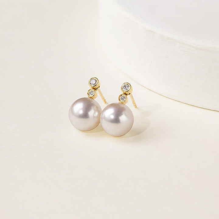 Akoya Pearl 18K Gold Double Diamond Elegant Earrings