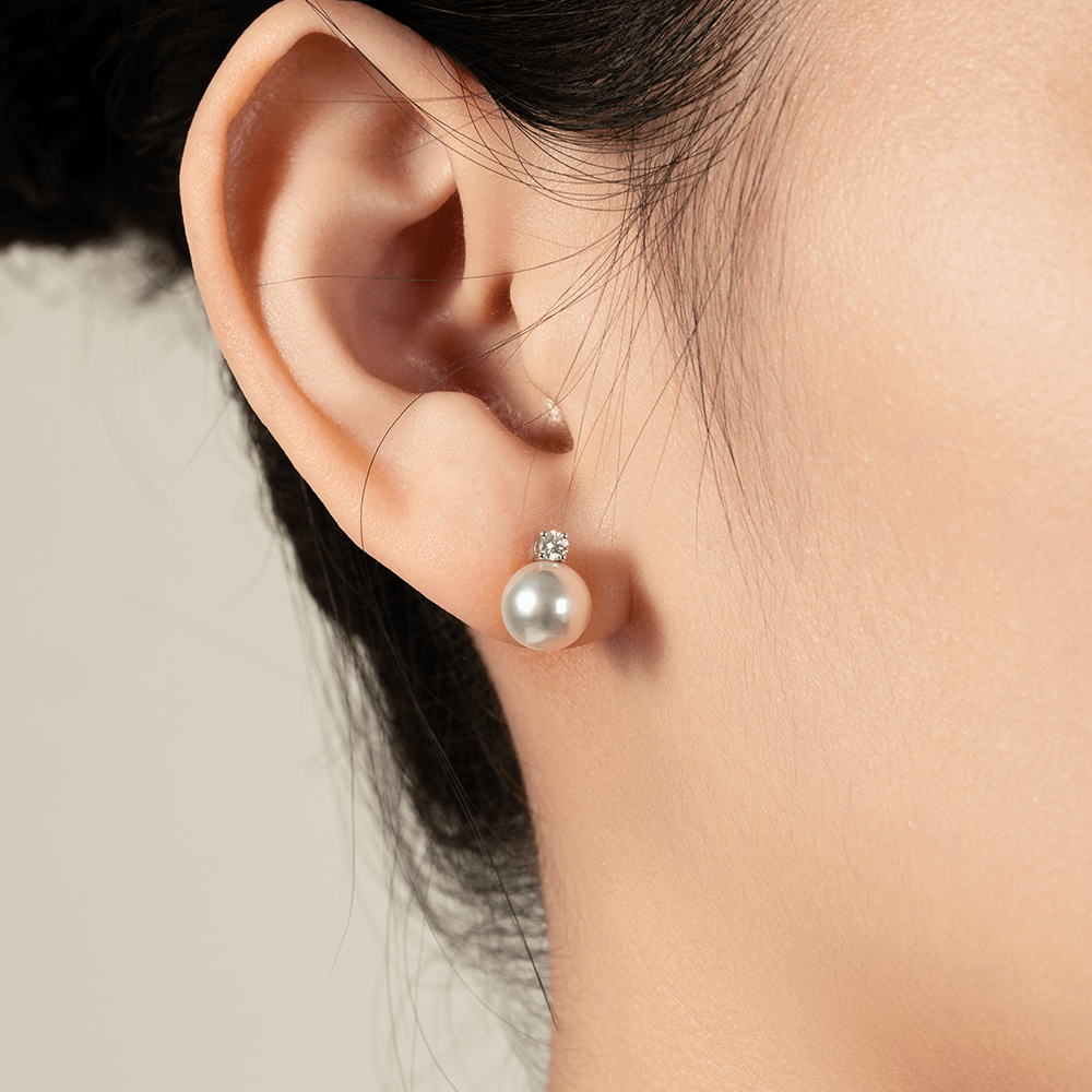 Premier Akoya Pearl 18K Gold 4 - Prong Diamond Stud Earrings - HELAS Jewelry