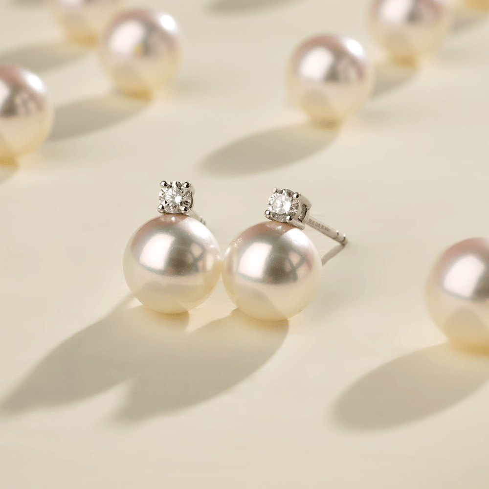 Premier Akoya Pearl 18K Gold 4 - Prong Diamond Stud Earrings - HELAS Jewelry