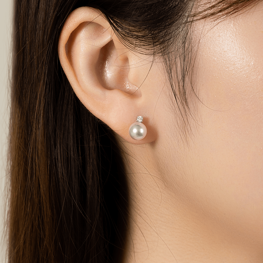 Premier Akoya Pearl 18K Gold 4 - Prong Diamond Stud Earrings - HELAS Jewelry