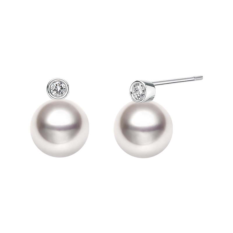 Possibility Collection Premier Akoya Pearl and diamond stud earrings with 18K gold settings, showcasing elegant jewelry design.