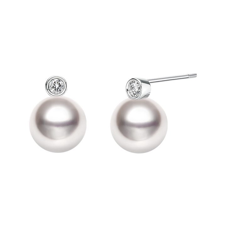 Possibility Collection Premier Akoya Pearl and diamond stud earrings with 18K gold settings, showcasing elegant jewelry design.